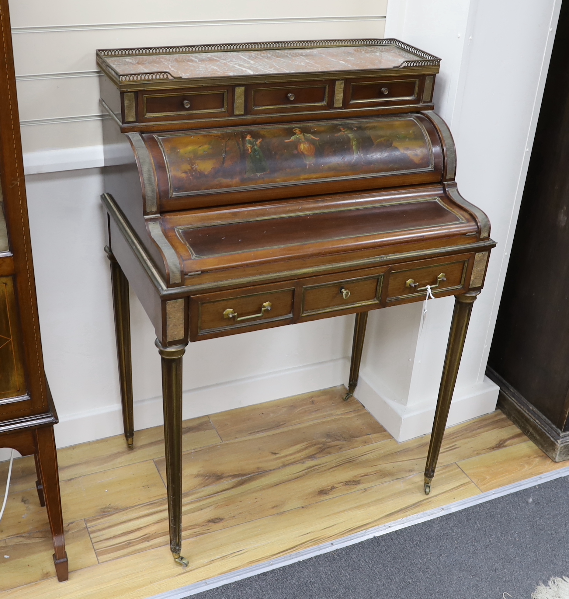 An early 20th century Louis XVI style mahogany and brass mounted Vernis Martin cylinder bureau, width 76cm, depth 50cm, height 110cm